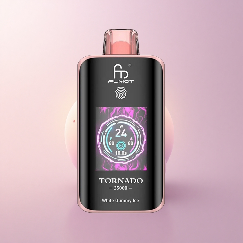Fumot Tornado 25000 Puffs Valge Gummy Jää HD Ekraaniga 700mAh Laetav
