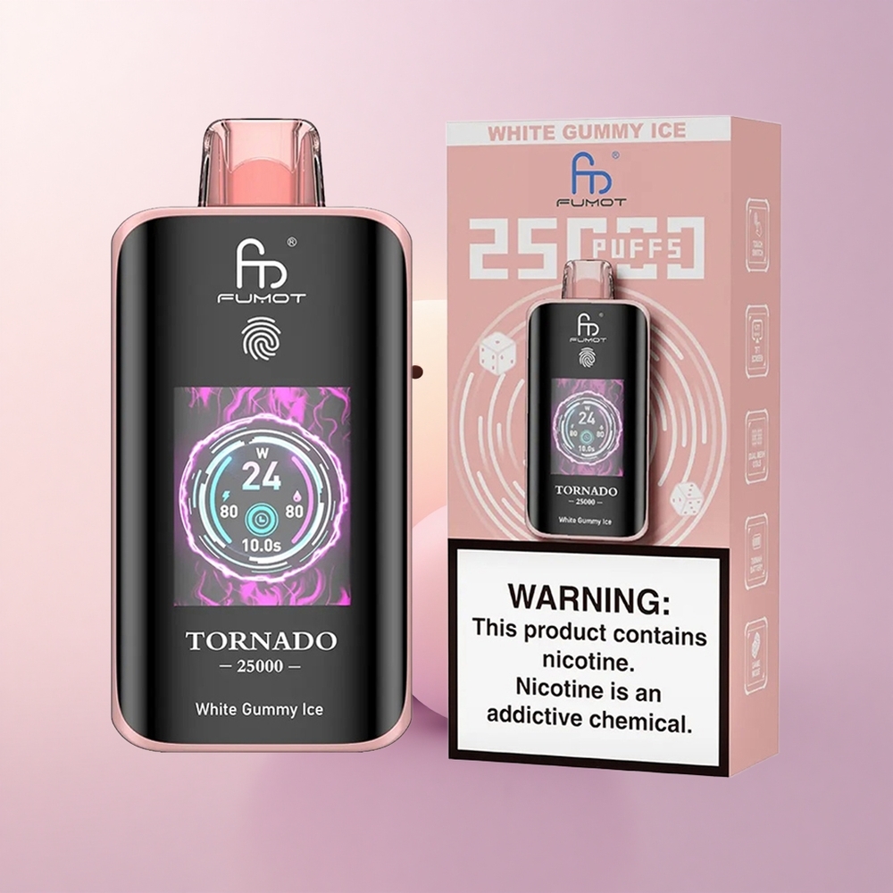 Fumot Tornado 25000 Puffs Valge Gummy Jää HD Ekraaniga 700mAh Laetav