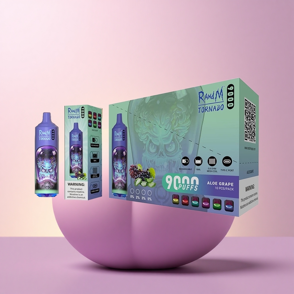 RandM Fumot Tornado 9000 Puffs Aloe Viinamarja 18 mL Võrkpooli RGB Ekraan