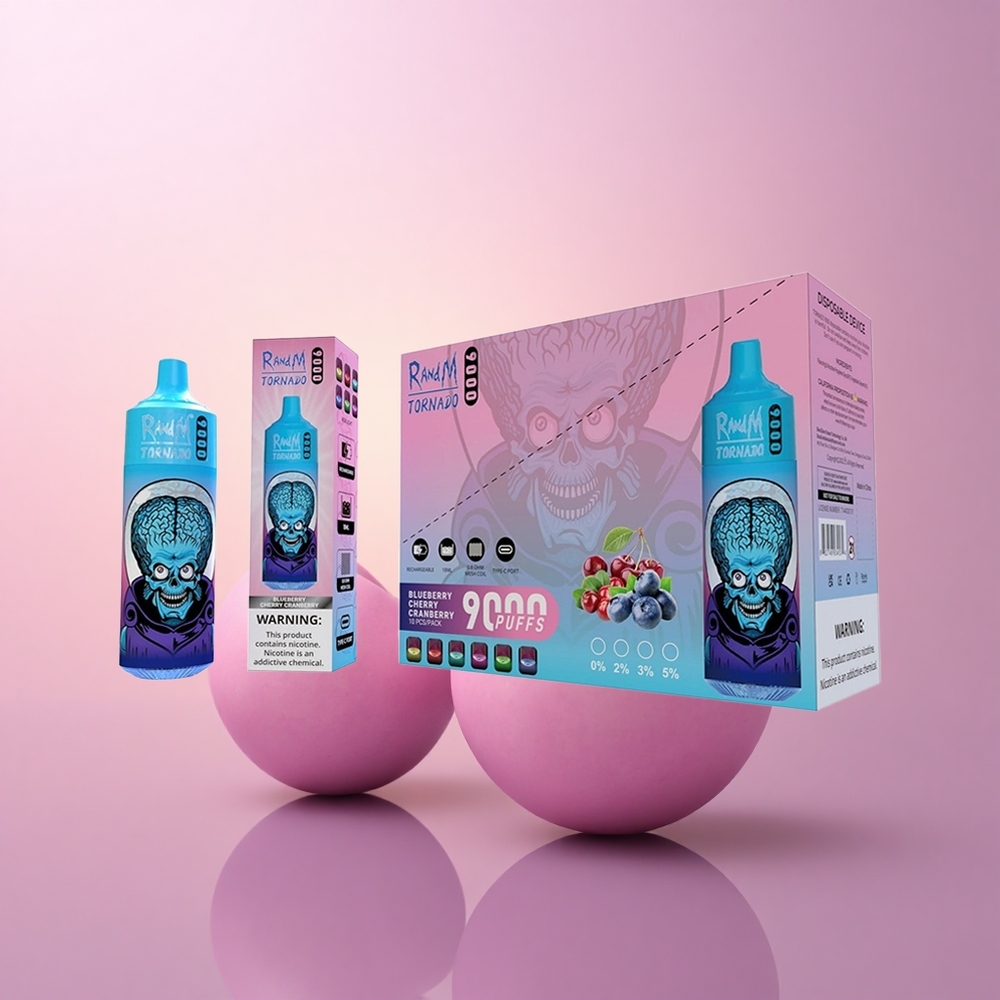 RandM Fumot Tornado 9000 Puffs Mustika Kirss Jõhvika Mesh Ekraan 18 mL Laetav