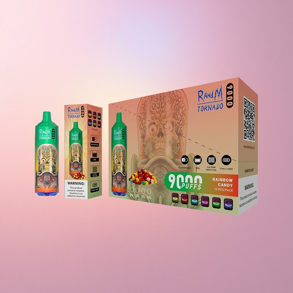 RandM Fumot Tornado 9000 Puffs Vikerkaare Kommid 9000 Puhangut 850 mAh Laetav 18 mL Võrkpool