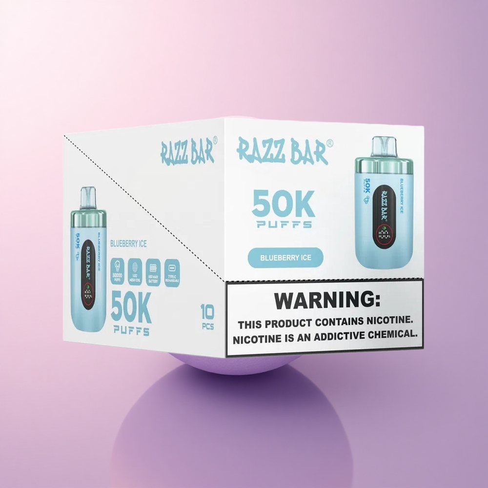 Razz Bar 50K Puffs Mustikajää 10 Ohm Mesh Coil Type-C Laetav