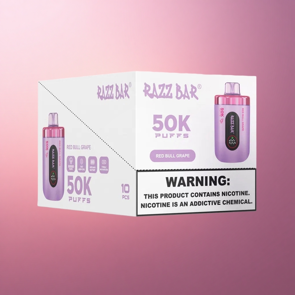 Razz Bar 50K Puffs Purur-Bull Viinamarja 10 Ohm Võrkkeermega 650 Mah
