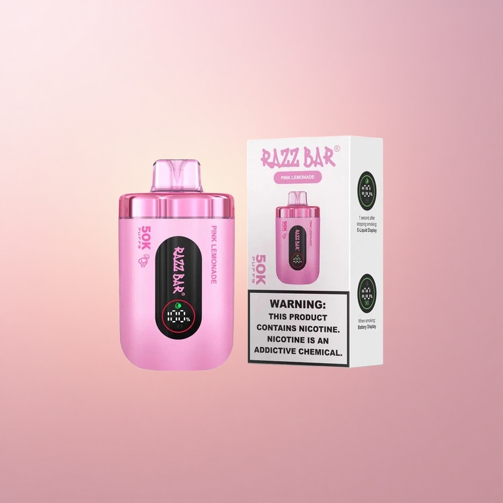 Razz Bar 50K Puffs Roosa Sidrunimahl 2 Nikotiini 50000 Tiksu 10 Ohm Mesh
