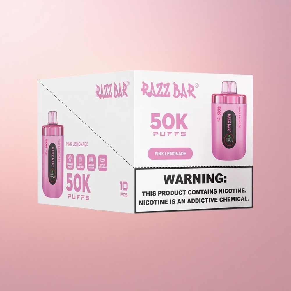 Razz Bar 50K Puffs Roosa Sidrunimahl 2 Nikotiini 50000 Tiksu 10 Ohm Mesh
